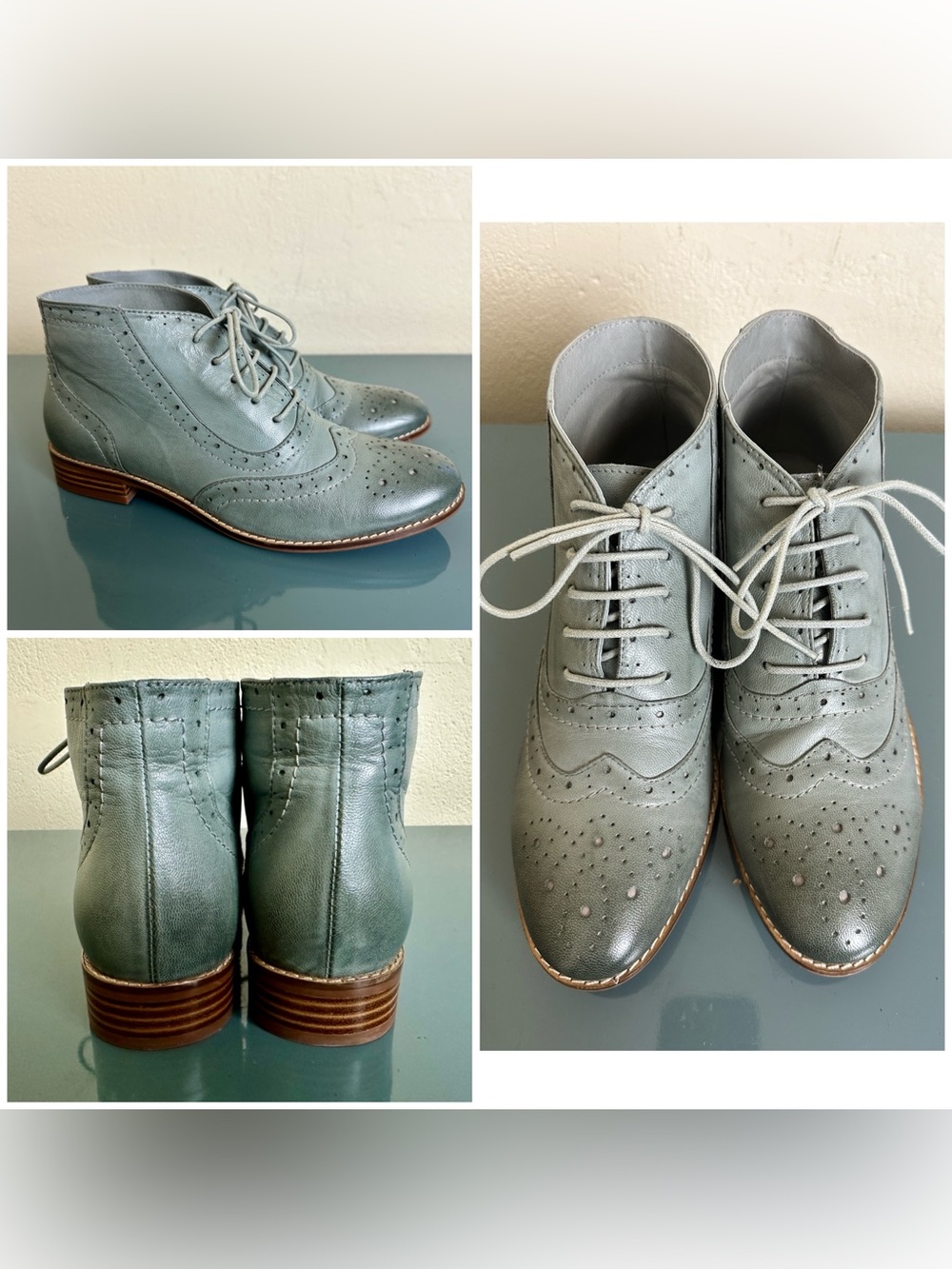 Mona Flying W's Grey Leather Lace-up Wingtip Oxfords Boots Ankle EU 38 US 7.5